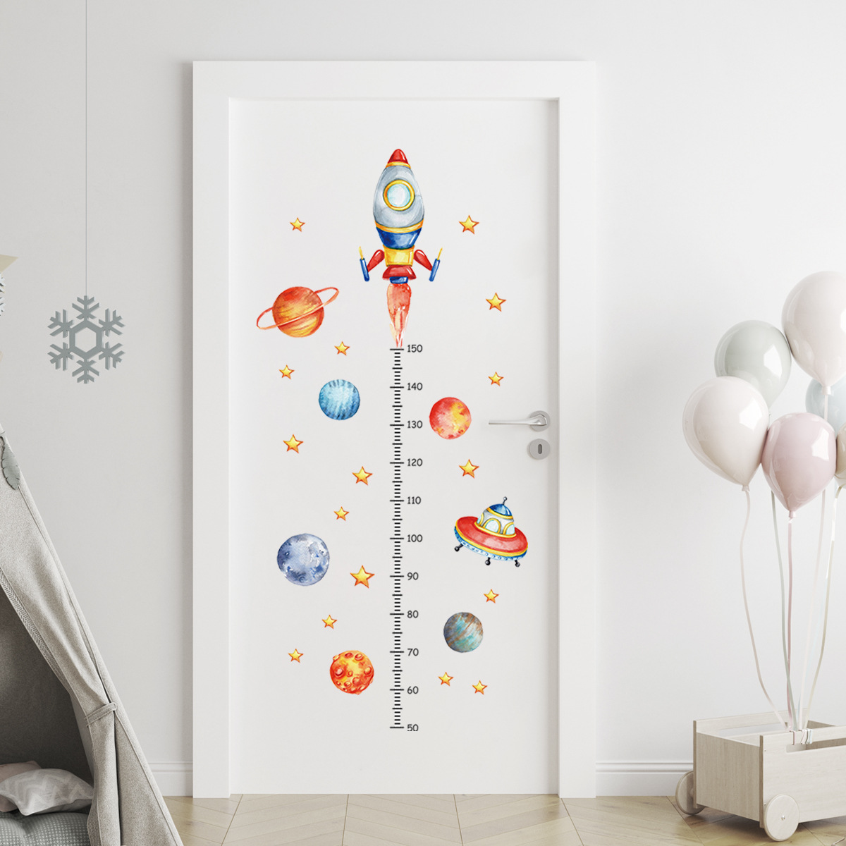 Baby Nursery Decor Boy - Cartoon Planet Rocket Height Measurement Naklejki