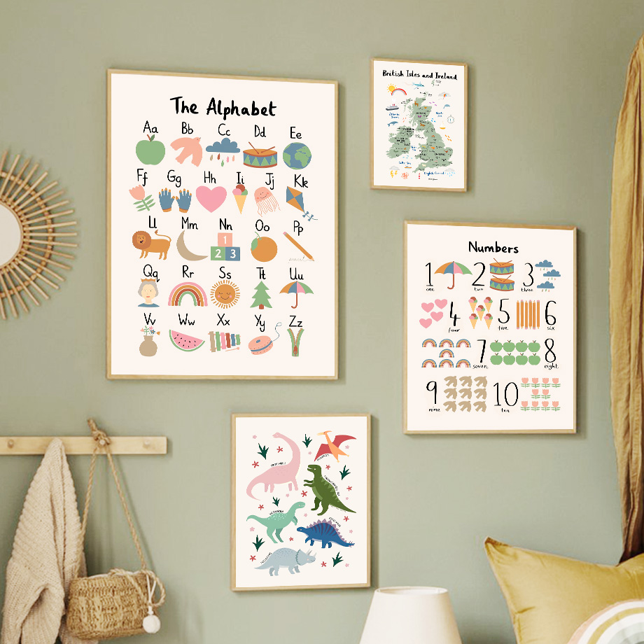 Baby Nursery Animal Prints - Mapa Świata Zwierząt Alfabet Dinozaurów Cyfry
