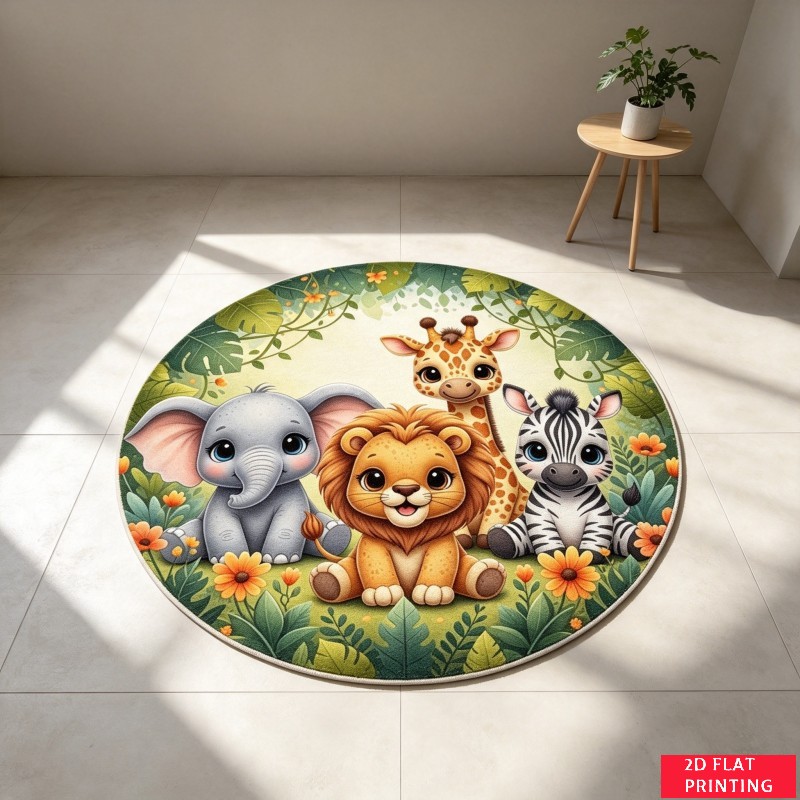 Baby Nursery Jungle Rug - Dywan okrągły z motywem zwierzątek z