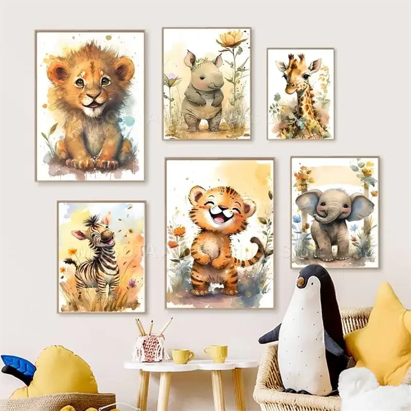 Baby Nursery Animal Prints - Akwarelowe Lwy Żyrafy Tygrysy Słonie Zebry