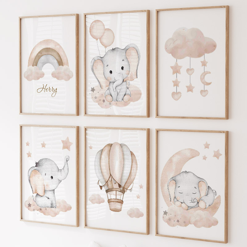 Baby Nursery Animal Prints - Cute Elephant Hot Balloon Moon Rainbow