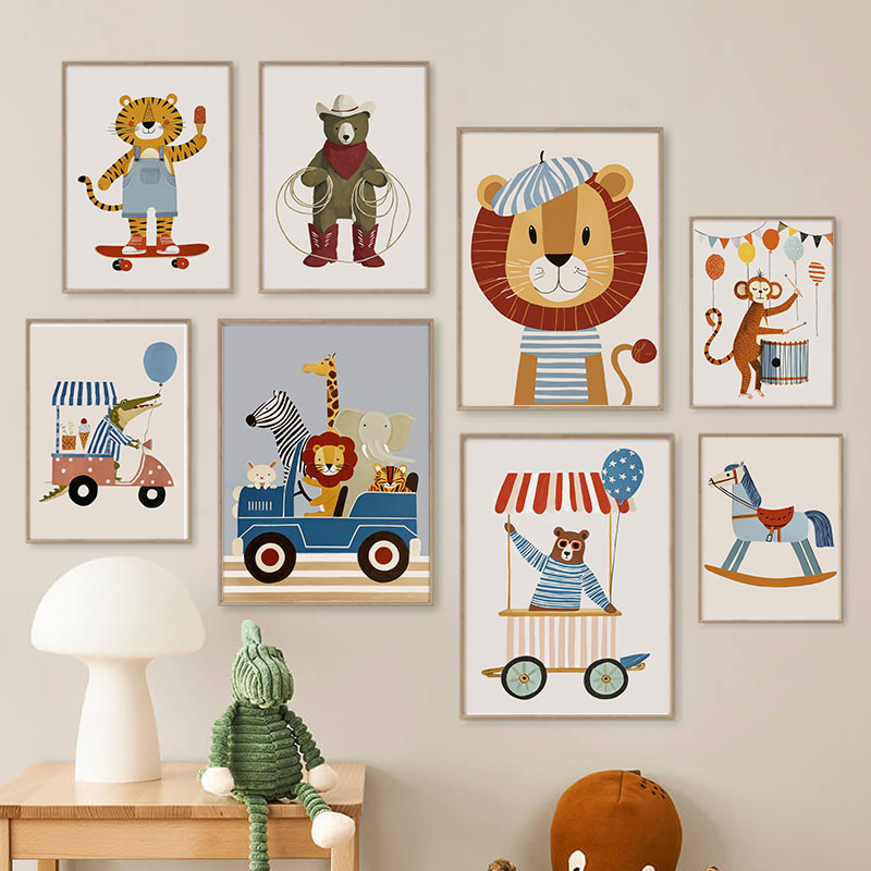 Baby Nursery Animal Prints - Zabawne Kreskówkowe Zwierzęta Samochód Balon Sztuka