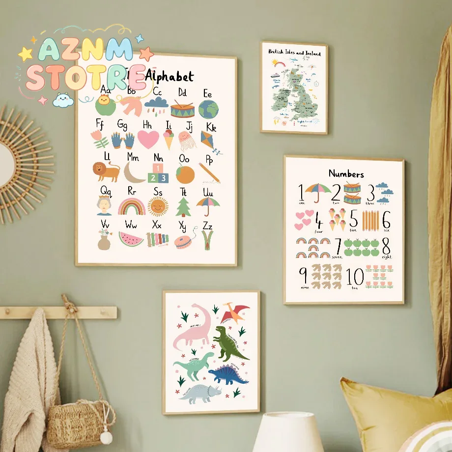 Baby Nursery Animal Prints - Mapa świata zwierząt, dinozaury, alfabet, cyfry